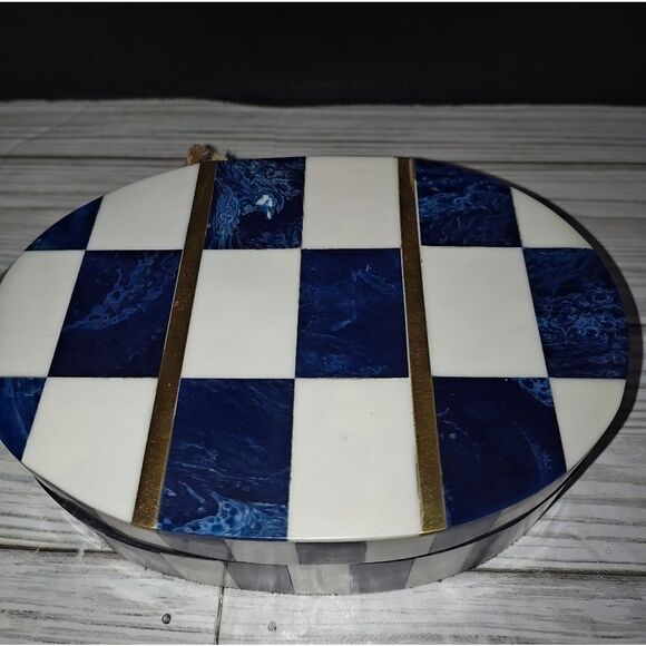 Handcrafted Bone & Resin Collectible Trinket Jewelry Box Checkered Blue - Picture 4 of 11